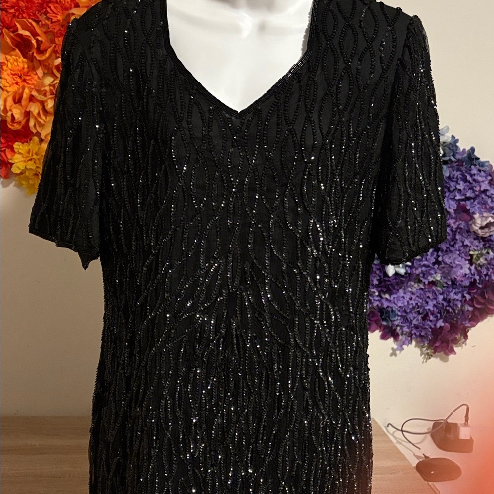 Vintage 90’s Mark & John By Gopal Sequin Dress Black Beaded Open Back Cutout - Picture 8 of 16